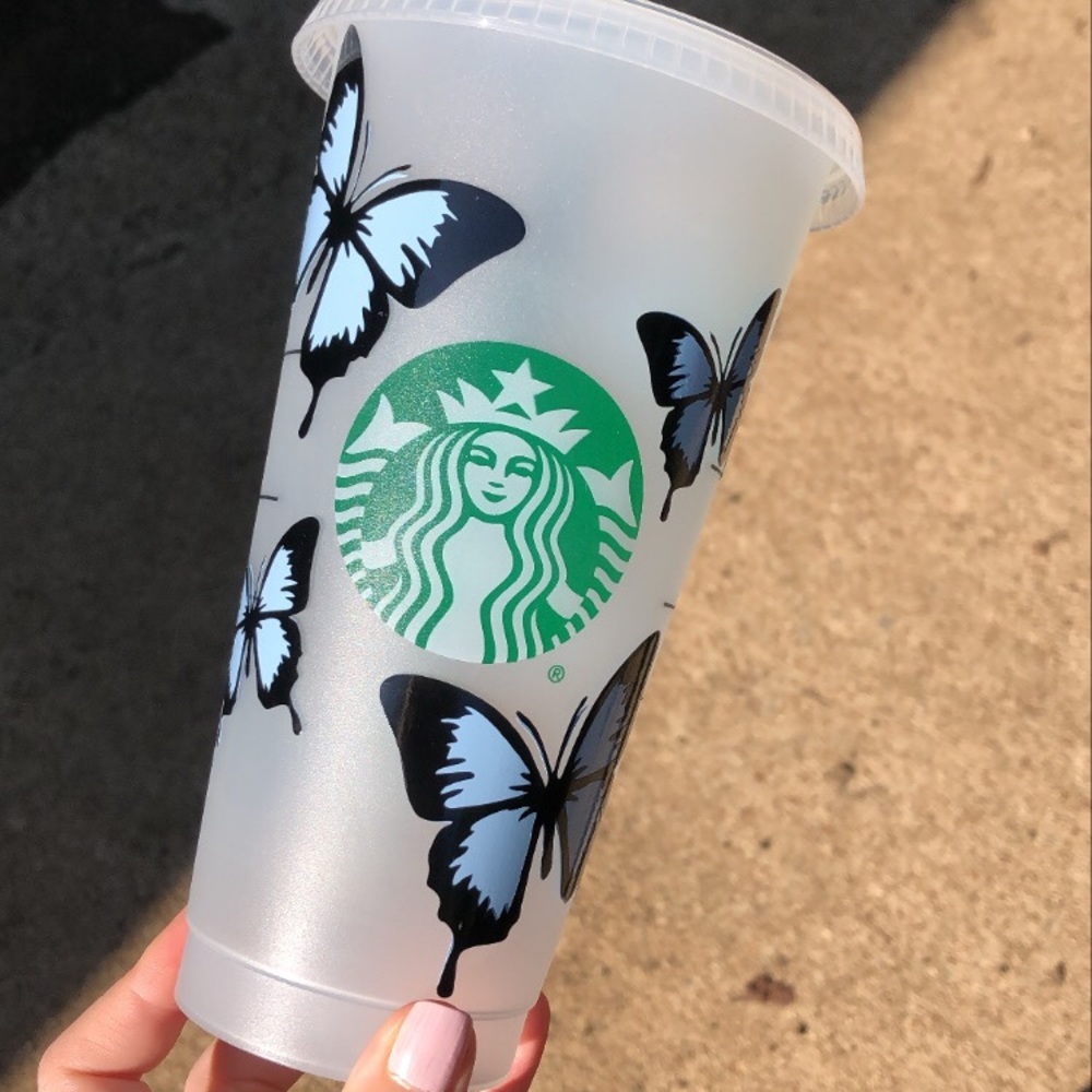 Blue and black butterfly Starbucks venti cold cup